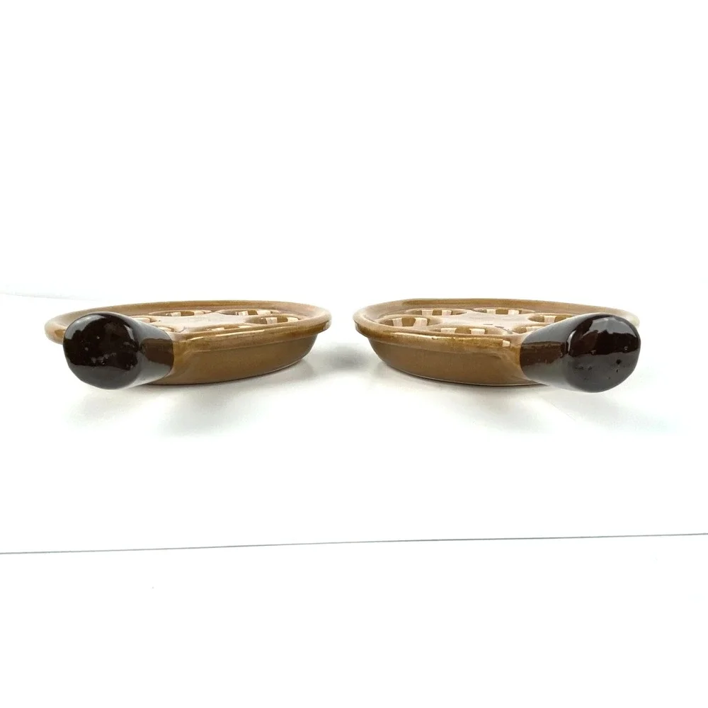 Escargot 2 Baking Dishes w Handles Vintage Brown USA Made Snail Mushroom Perfect